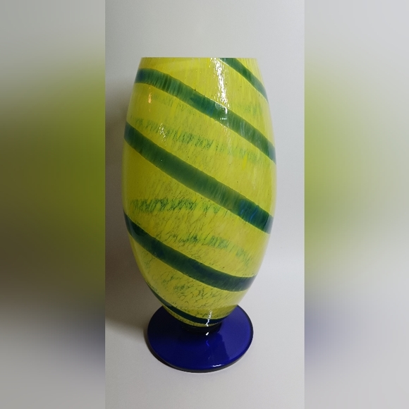 Vintage Czech Art Glass Hand Blown Yellow w/Blue Swirls Vase 11" - Picture 4 of 7